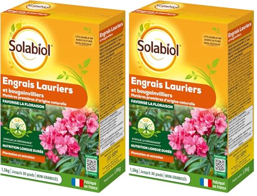 SOLABIOL Engrais Lauriers Et Bougainvilliers - 2x1,5Kg - Jusqu'à 30 Pieds - Favorise La Floraison & La Croissance - Nutrition Longue Durée - Utilisable En Agriculture Biologique