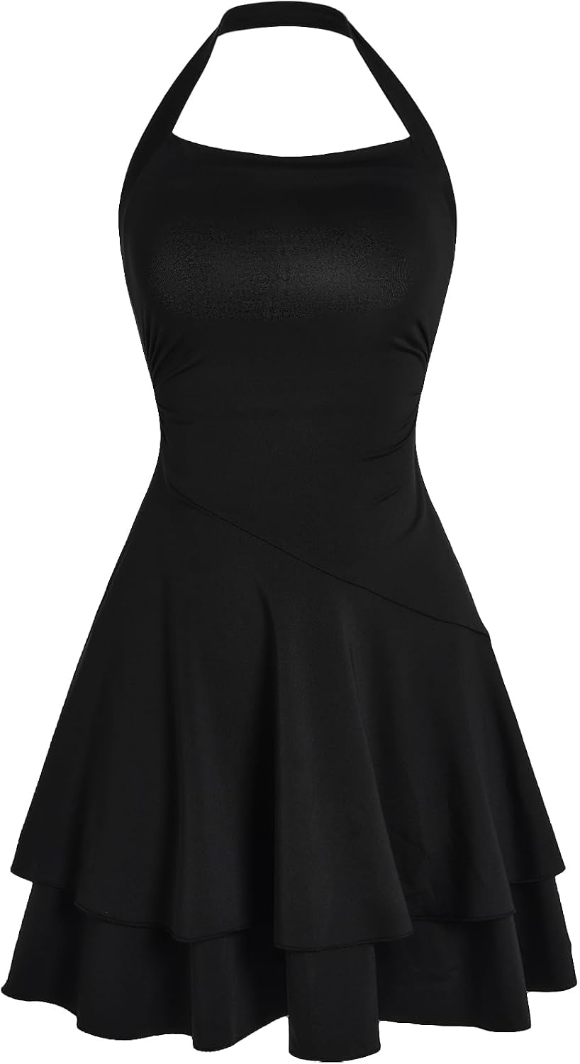 Milumia Girl's Summer Backless Halter Short Dress Sleeveless Tiered Layered Mini Dresses