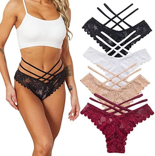 Anna & Eric Sexy Thongs V-Back Criss Cross Panties G-String Strappy Lace Panties T-Back Underwear,2WBN,S