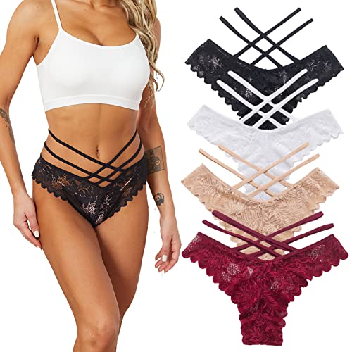 Anna & Eric Sexy Thongs V-Back Criss Cross Panties G-String Strappy Lace Panties T-Back Underwear,2Wbn,S #TOP3