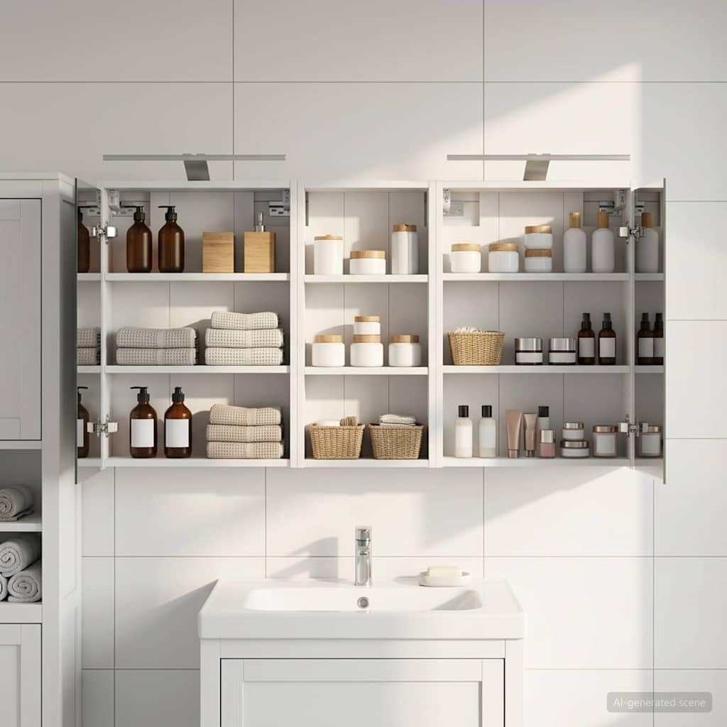 Zestaw szafek łazienkowych z materiału drewnopochodnego z 3 elementami 116 x 16 x 62,5 cm, montowana na ścianie z oświetleniem LED i dwukierunkowym lustrem, miejsce do przechowywania