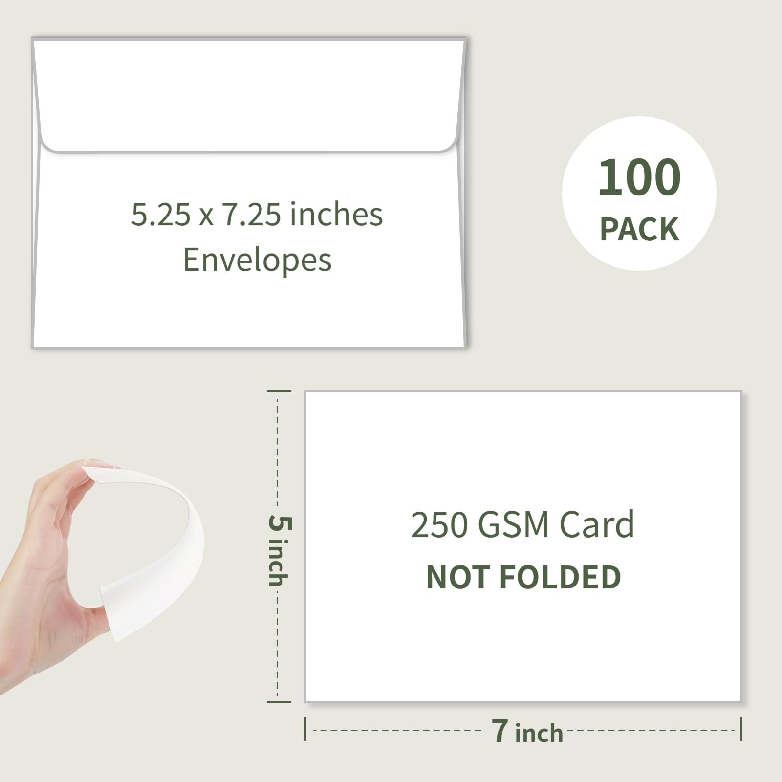 100 Stück ungefaltete Blanko-Karten und Umschläge, 12,7 x 17,8 cm, 12,7 x 17,8 cm, flacher Karton mit A7-Umschlägen, selbstverschließend, leere Notizkarten, Grußkarten und Umschläge für
