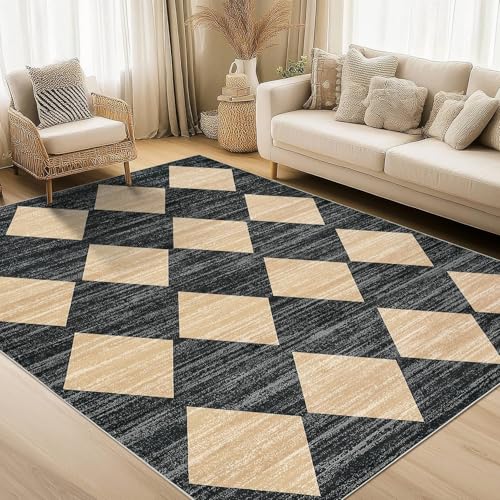 GarveeHome 8x10 Washable Rug for Living Room, Bedroom, Office, Low Pile Neutral Area Rug Geometric Checkered Area Rugs Non Slip Stain Resistant Dining Room Carpet, Black and Brown Diamond Ch