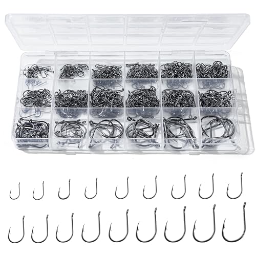 300PCS Fishing Hooks, 18 Sizes High-Carbon Steel Barbed Fish Hooks with Holes, Fishing Gear with...