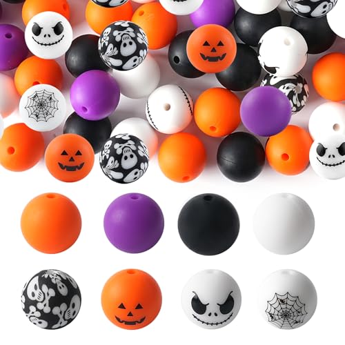 Sanglow 120pcs Silicone Beads for Halloween 15mm Rubber Focal Beads for Keychain Beadable Pen Lanyard Making kit (Orange & Purple)