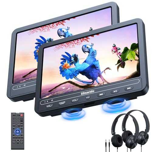 GOnavidio 10.1" Dual Screen Car DVD Players, 5 Hours Battery, Portable DVD Player for Car with 2 Headphones Support USB/SD Card, Region Free, Last Memory