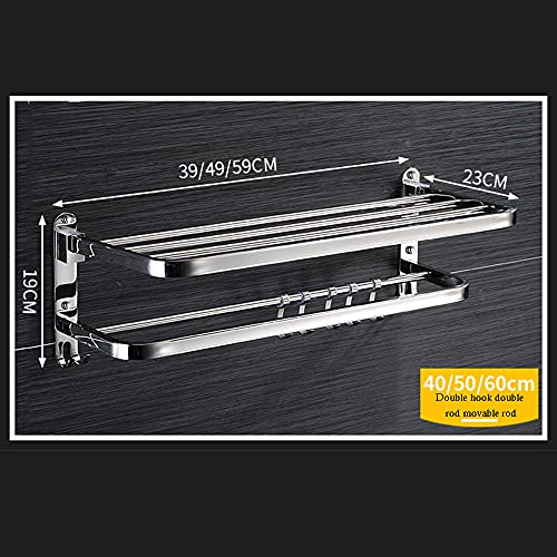 Toallero de acero inoxidable 304 con estante plegable de 60cm y 5 ganchos móviles para baño 7