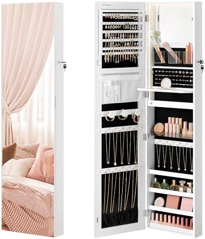 SONGMICS 55 Inches Tall Spacious Jewelry Cabinet, Jewelry Armoire with Light-Up Interior Mirror, Wa...