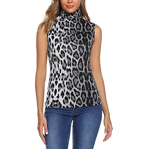 URRU Women's Sleeveless Slim Fit Turtleneck Mock Soft T-Shirt Tank Tops Basic Stretchy Pullover Leopard Silver L Cover