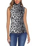 URRU Women's Sleeveless Slim Fit Turtleneck Mock Soft T-Shirt Tank Tops Basic Stretchy Pullover Leopard Silver XL