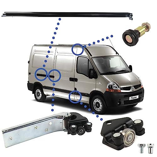 3 rodillos puerta corredera + RIEL DE PUERTA compatibles para Master 2, Movano A, Interstar (1997-2010) guía rodillos puerta lateral + riel | Guía SUPERIOR - CENTRAL - INFERIOR