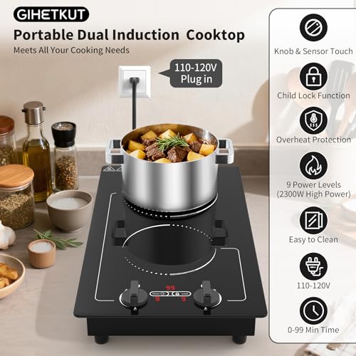 Image of GIHETKUT Double Induction Cooktop, 110V 2300W hot plate with LED Touch Screen, 9 Power Levels, Kids Lock & Timer, Overheat Protection, knob and touch control 2 burner Induction cooktop