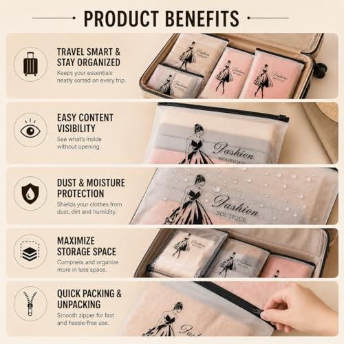 Image of PulGos Pack of 5 Multipurpose Storage Bags - Frosted Semi-Transparent Travel Pouches with Print | Reusable Zip Bags for Toiletries, Makeup, Shoes & Gifting | Travel Packing Cubes