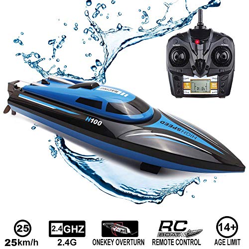 Barca Telecomandata Barca RC per Piscine & Laghi, 2.4Ghz 25Km/H 4 Canali Motoscafo Radiocomandato Alta Velocita Barca da Regata Imbarcazioni Giocattolo Telecomandate con LCD Display