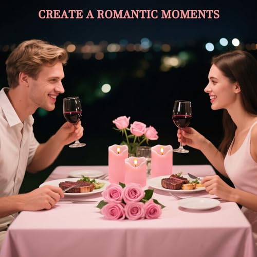 Image of VEEKI Flameless Candles Light, Set of 3 Flickering LED Candle with Remote & Timer, Dimmable Electric Pillar Candles Battery Operated, Pink Candles for Valentine's Day Xmas Home Decor (3PC)