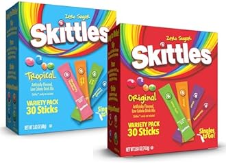 Skittles Singles To Go Tropical & Original Flavors Variety Pack, Watertok Powdered Drink Mix, Zero Sugar, Low Calorie, Includes 4 Tropical Flavors & 4 Original Flavors, (60 Single Servings)