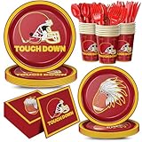 168pcs Red Football Party Supplies Touch Down Plates Napkins American Rugby Tableware Set Disposable Paper Cups Red knives Forks and Spoons Football Birthday Party Decorations Serves 24