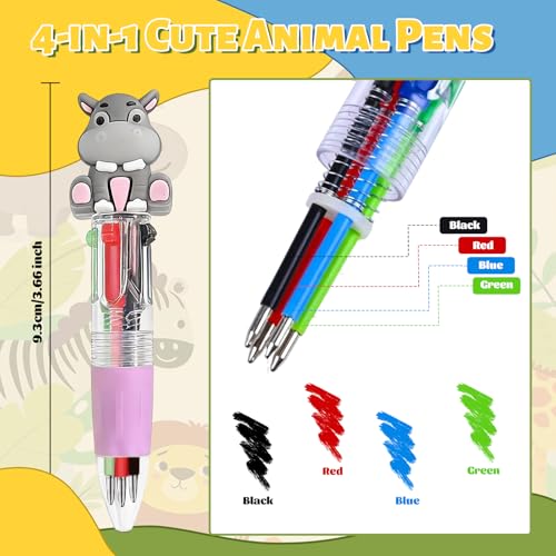 Zhirlyn Animal Pens Cute Mini Multicolor Pens in One 4-in-1, 24 Pcs Kawaii Rabbit Cow Frog Elephant Tiger Lion and Monkey Shapes Ballpoint Pen Bulk for Fun Gifts (Animal)