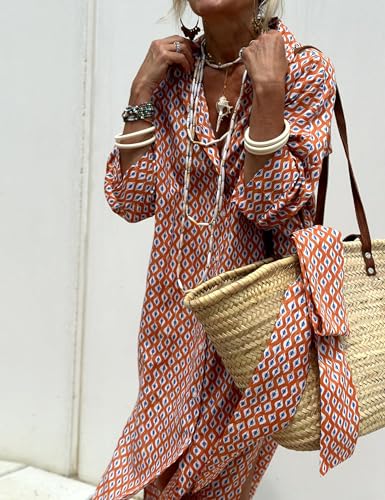 Image of MSBESYOR Women Button Down Striped Shirt Maxi Dress Casual Lapel 3 /4 Sleeve Belted Loose Vacation Long Dresses Orange