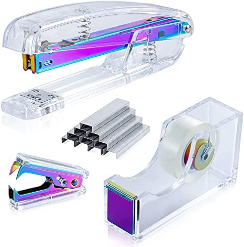 Dream Color Acrylic Stapler Set,Desk Stapler,Office and Home Stapler,Students Stapler,Tape Dispenser,Stapler Remover,Free 1000pcs 26/6 StaplesMulticolor