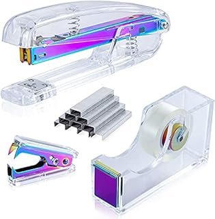 Dream Color Acrylic Stapler Set,Desk Stapler,Office and Home Stapler,Students Stapler,Tape Dispenser,Stapler Remover,Free 1000pcs 26/6 StaplesMulticolor