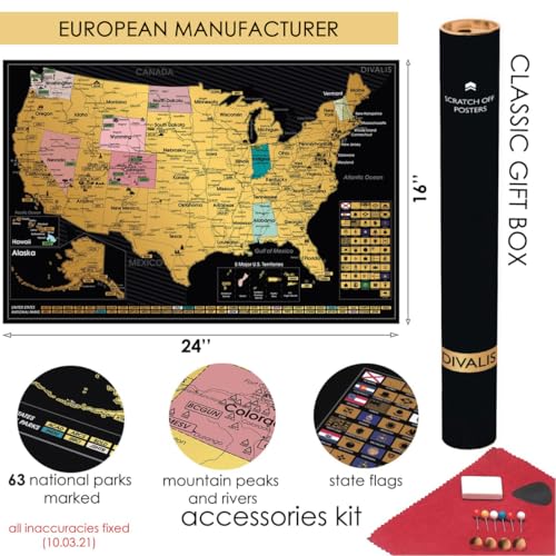 Image of 2 in 1 Gift Set - Scratch off US Map and 63 National Parks Poster - 24x16 Easy to Frame Scratchable United States of America Posters - Globetrotters Wall Map - Black and Gold Travel Tracker