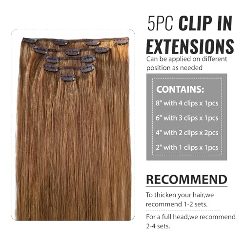 Image of Chestnut Brown Clip ins Hair Extensions Real Human Hair Extension Thick Straight Seamless Invisible No Tangle No Shedding Reusable 5pcs for Women 14 Inch 70g