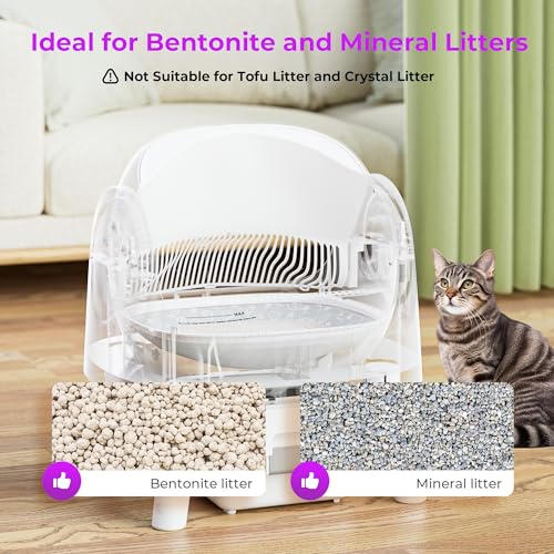 Self-Cleaning Cat Litter Box for Multiple Cats - Automatic, Open Top, White with Liners and Mat Included