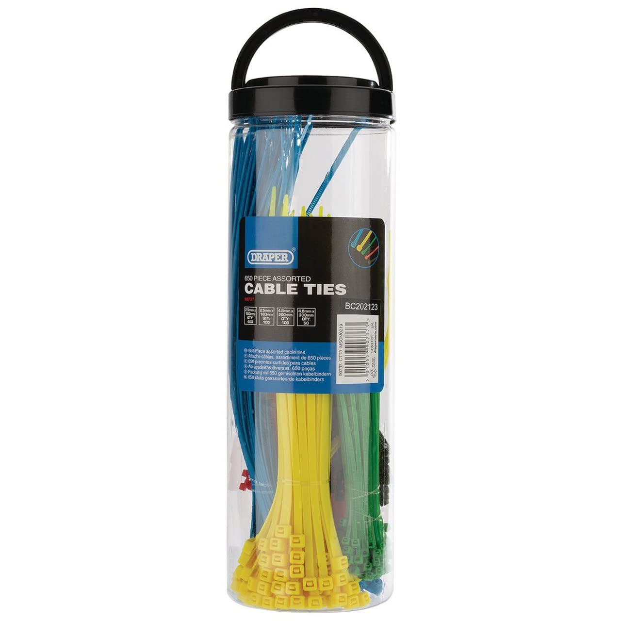 Draper Assorted Coloured Nylon Cable Tie Pack (650 Piece)