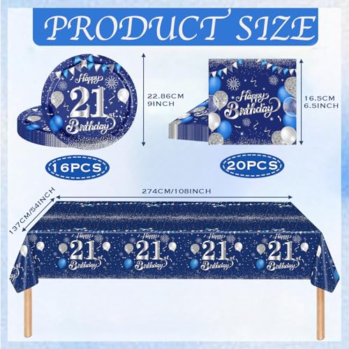 POPOYU 37Pcs Navy Blue Silver 21st Birthday Tableware Set,21st Birthday Napkins Blue and Silver,21st BlueSilver Table Cloth,21stBirthday Paper Plates for Him Her Men Women BirthdayGift Party Supplies