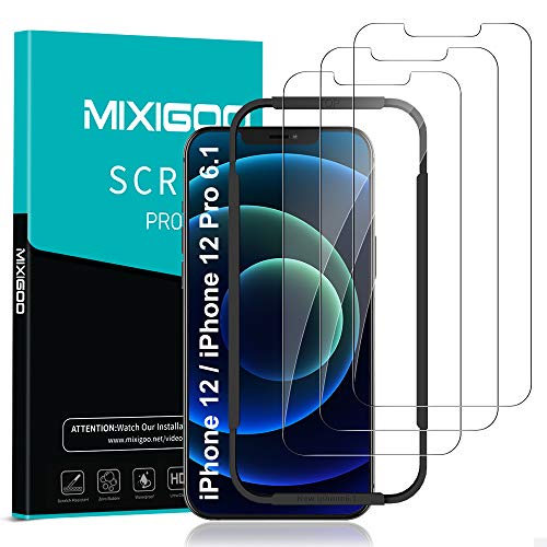 mixigoo Protector Pantalla para iPhone 12 Pro/iPhone 12, [3 Piezas] Cristal Templado iPhone 12 [Marco Instvalación Fácil] Dureza 9H HD Vidrio Templado iPhone 12 Pro/iPhone 12-6.1''