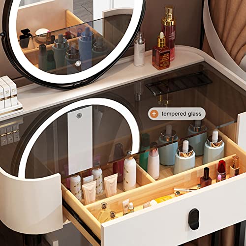 Tavolo da trucco a LED con sgabello portaoggetti e 3 cassetti, 3 modalità di illuminazione, design elegante e compatto per gli amanti della bellezza, perfetto per piccoli spazi