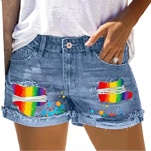 Rainbow Patch Ripped Denim Shorts for Women (L Rainbow)