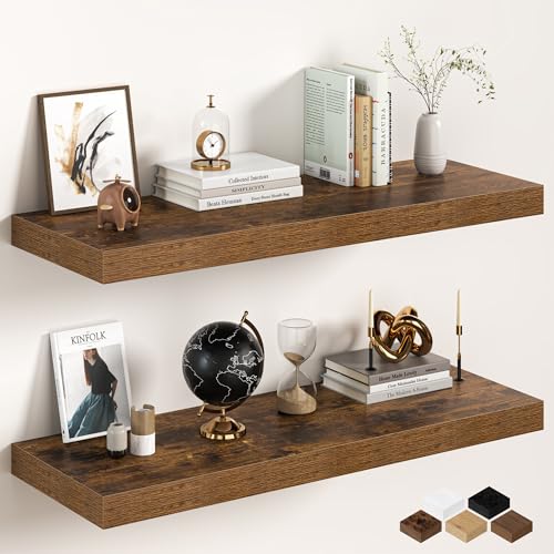 Image of 40Inch Floating Shelves for Wall, 12 Inch Deep Shelves for Bedroom, Kitchen, Bathroom Wall Mounted, Rustic Wood Floating Shelf with Invisible Brackets for Books, Storage, Decor, Rustic Brown, 2 Packs