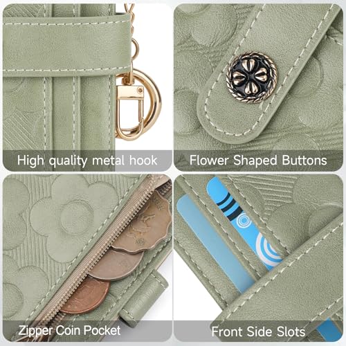 Image of RFID Wallet Women,Slim Small Wallets Embossed Flower Leather Bifold Compact Ladies Girls Wallet with Credit Card Holder Zipper Coin Pocket Green