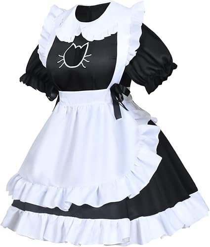 Miniatura 10 de Juego de delantal de sirvienta de gato francés de anime para cosplay, disfraz de cosplay y guantes (talla grande, rosa, 5XL)