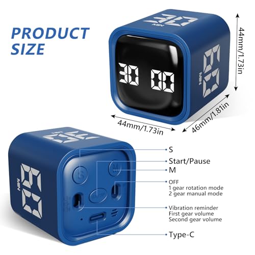 Image of Cuteefun Cube Timer, Rotation Pomodoro Timer, 5 /10 /30 /60 Minutes & Custom Countdown, Productivity Countdown Clock with Vibration, Adjustable Sound Alert for Kitchen, Study, Meeting, Blue