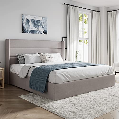Sha Cerlin King Size Lift Up Storage Bed/Modern Wingback Headboard/Upholstered Platform Bed Frame/Hydraulic Storage/No Box Spring Needed/Wood Slats Support/Light Beige #TOP24