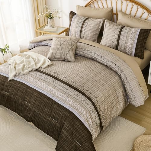 Image of Dintszyayue Brown Comforter Set Queen Size, 8 Pieces Boho Striped Bed in a Bag Soft Microfiber Bedding Set for All Season