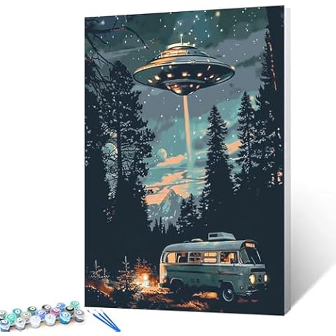 Tucocoo Starry UFO DIY Paint by Numbers for Adults Bus in Forest DIY Oil Painting Acrylic Paint Art Moon Stars Painting Kits Canvas with Acrylic Paint UFO Fantasy Decor 16x20 Inch （DIY Frame ） Cover