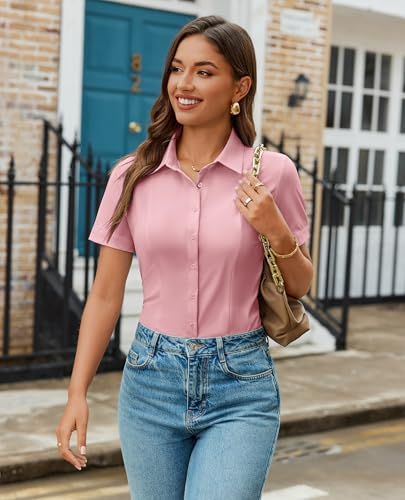 Image of Gleeivy Women's Slim Fit Button Down Shirt Stretch Short Sleeve Wrinkle-Free Work Blouse for Business Casual Office