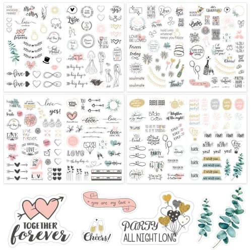 Carehabi Sticker de mariage - 230 motifs - Autocollant de mariage - Autocollant pour livre d'or ou album photo avec beaucoup d'amour - Décoration parfaite pour mariage ou scrapbooking A4 Multicolore Cover