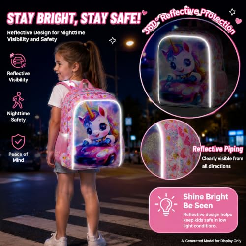 Image of 3Pcs Unicorn Backpack for Girls, 16 inch School Backpacks Set for Elementary Preschool Kindergarten, Kids Car Bookbag with Lunch Box(Pink)