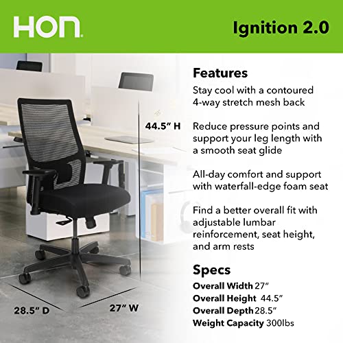 Image of Bundle of HON Office Desk Chair Ignition 2.0 - Ergonomic Desk Chair, Home Office Chairs, Adjustable Lumbar & Armrests, Black + Carpet Chair Mat (36 inch x 48 inch)
