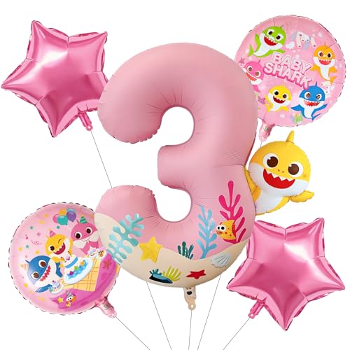 Image of PartyWoo Baby Shark Pink Foil Number 3 Balloon 5pcs 40 18 Inch Pink Round Star Mylar Helium Birthday Balloons for Boys and Girls Baby Shark Under the Sea Ocean Kids Third Birthday Party Decorations