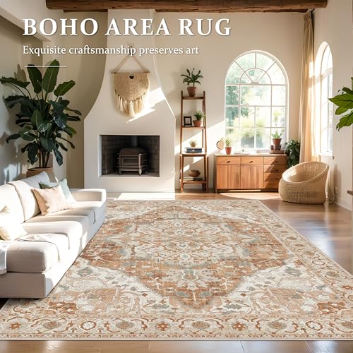 Deerly Large Washable Living Room Rugs 9x12 Boho Vintage Area Rug Indoor Bedroom Carpet with Non Slip Rubber Backing for Under Dining Table Office Farmhouse, Caramel/Beige/Multi