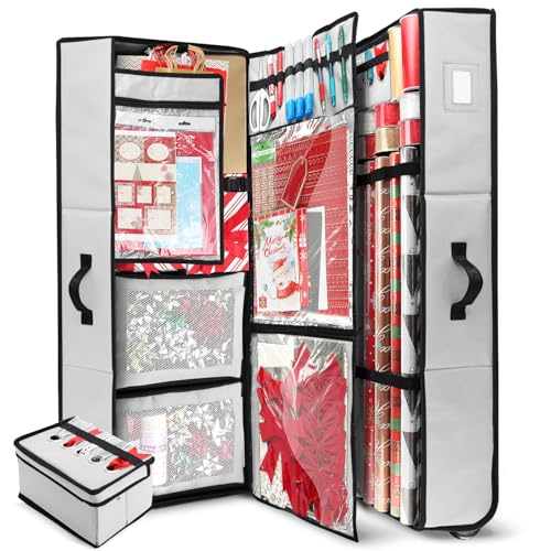 Image of Hearth & Harbor Wrapping Paper Storage Container with Ribbon Dispenser and Interior Pockets - Large Christmas Storage Containers with Wheels, Fits 30 Rolls of 40 inch Length, Silver
