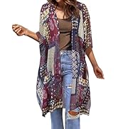 BB&KK Women Kimono Cardigans Casual Summer Tops Beach Cover up Open Front Floral Print Chiffon Lo...