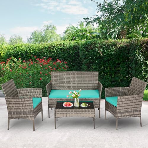 Image of FDW 4-Piece Patio Furniture Set | Gray & Blue | Outdoor Wicker Furniture