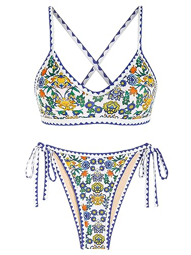 Image of ZAFUL Women's Tie Back Padded High Cut Bralette Bikini Set Two Piece Swimsuit